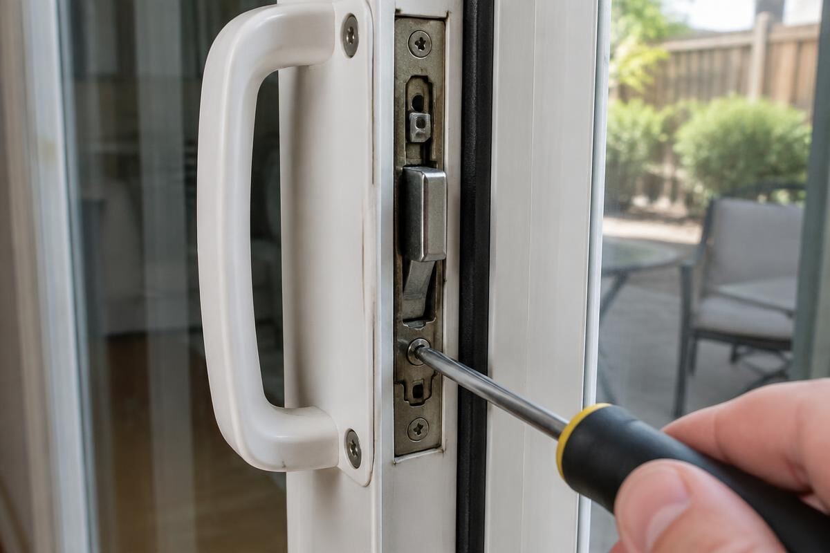 Technician adjusting a sliding glass door latch mechanism with a screwdriver