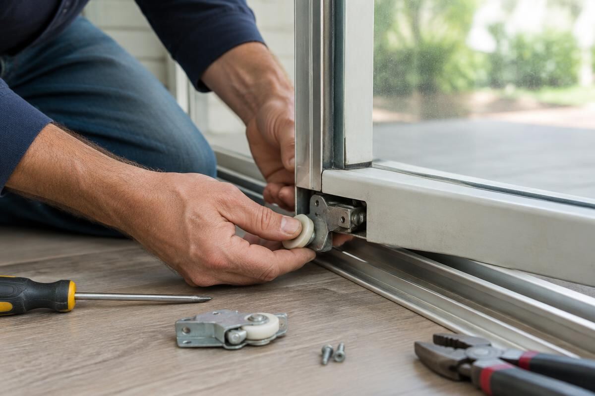 Worn sliding door roller being removed and replaced with a new roller assembly